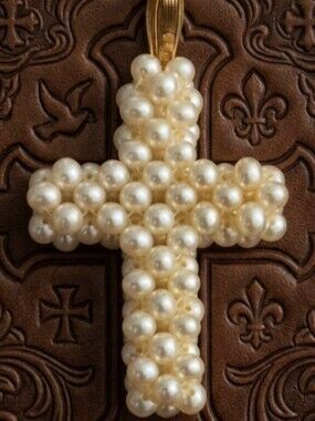 Freshwater Pearl Lee Sands Handmade Cross Crucifix Pendant Double Sided 1.5"L